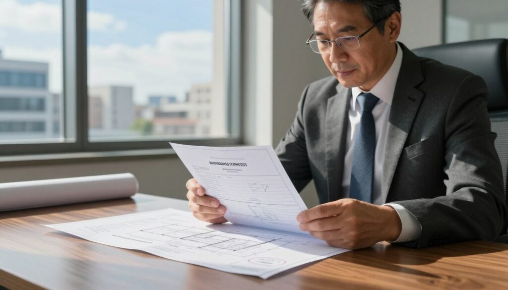 A professional construction architect reviewing a large building permit document on a sleek wooden desk in an office setting. In the foreground, the architect, a middle-aged individual in professional attire, appears focused and engaged, their glasses slightly lowered as they examine the paperwork. The middle layer features the permit document prominently, showcasing detailed architectural drawings and official stamps. In the background, a large window reveals a cityscape with modern buildings and blue sky, allowing natural light to filter into the room, casting soft shadows. The mood is serious yet hopeful, emphasizing the importance of building permits in construction, with a slight sense of professionalism and anticipation in the air. A professional construction architect reviewing a large building permit document on a sleek wooden desk in an office setting. In the foreground, the architect, a middle-aged individual in professional attire, appears focused and engaged, their glasses slightly lowered as they examine the paperwork. The middle layer features the permit document prominently, showcasing detailed architectural drawings and official stamps. In the background, a large window reveals a cityscape with modern buildings and blue sky, allowing natural light to filter into the room, casting soft shadows. The mood is serious yet hopeful, emphasizing the importance of building permits in construction, with a slight sense of professionalism and anticipation in the air.