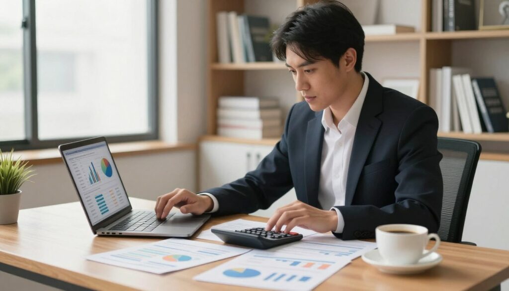 A professional financial advisor sitting at a modern desk, calculating debt-to-income ratios using a laptop and a calculator. The foreground features neatly arranged financial documents and a cup of coffee. In the middle, the advisor is focused and engaged, wearing smart business attire, and a thoughtful expression, while graphs and charts displaying credit scores and mortgage rates are visible on the laptop screen. The background shows a well-lit, contemporary office with shelves filled with books on finance and personal budgets. Soft, natural light filters through a window, creating a calm and focused atmosphere conducive to financial planning. The color palette is warm and inviting, emphasizing professionalism.