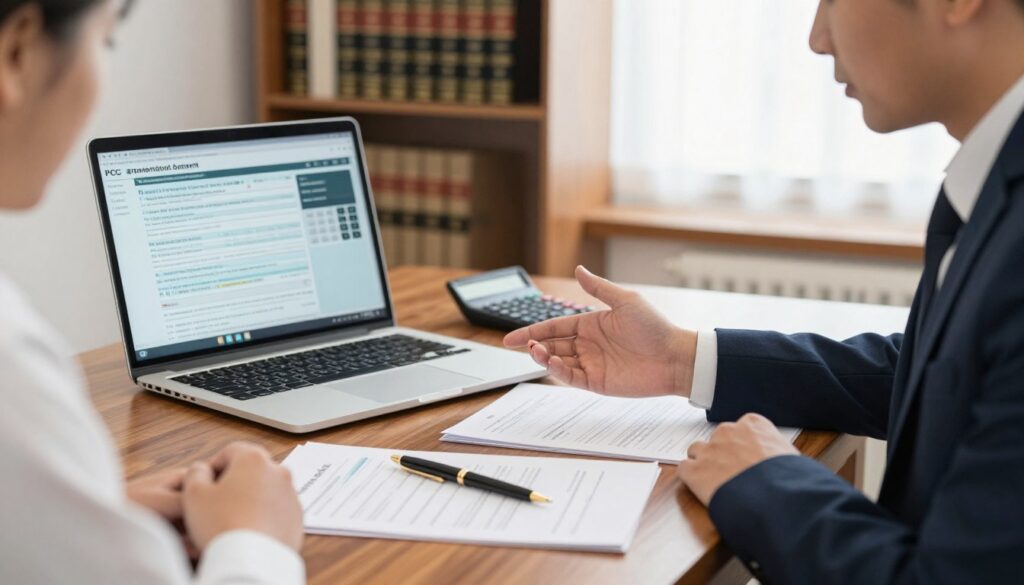 A professional notary sitting at an elegant, polished wooden desk, surrounded by legal documents and a stylish pen, highlighting the concept of tax payment. The foreground features a close-up of the notary's focused expression as they discuss tax procedures with a client, who is dressed in professional attire, looking attentive and engaged. The middle ground includes a laptop displaying tax forms and calculators, symbolizing the automated processes involved in PCC settlements. In the background, a well-organized office space with shelves filled with law books and a soft-focus window allowing natural light to illuminate the scene, creating a warm and inviting atmosphere. The image should convey a sense of professionalism, trust, and clarity around the topic of tax payments.