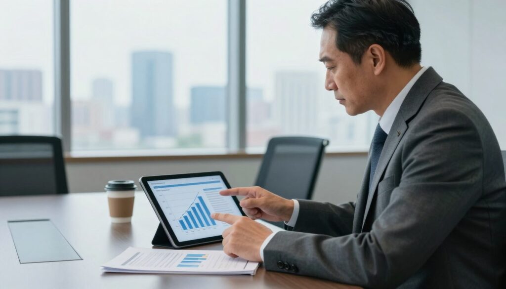 A professional office environment depicting a polished financial consultant analyzing mortgage interest rates. In the foreground, a middle-aged man in a tailored suit examines a digital tablet displaying graphs of fixed and variable interest rates. The middle ground features a sleek conference table with financial documents and a coffee cup. In the background, a large window reveals a city skyline, with soft natural light illuminating the scene. The color palette is composed of cool blues and grays, conveying a calm and focused atmosphere. The overall mood reflects professionalism and expertise, emphasizing the importance of understanding mortgage interest rates and their impact on monthly payments. A professional office environment depicting a polished financial consultant analyzing mortgage interest rates. In the foreground, a middle-aged man in a tailored suit examines a digital tablet displaying graphs of fixed and variable interest rates. The middle ground features a sleek conference table with financial documents and a coffee cup. In the background, a large window reveals a city skyline, with soft natural light illuminating the scene. The color palette is composed of cool blues and grays, conveying a calm and focused atmosphere. The overall mood reflects professionalism and expertise, emphasizing the importance of understanding mortgage interest rates and their impact on monthly payments.