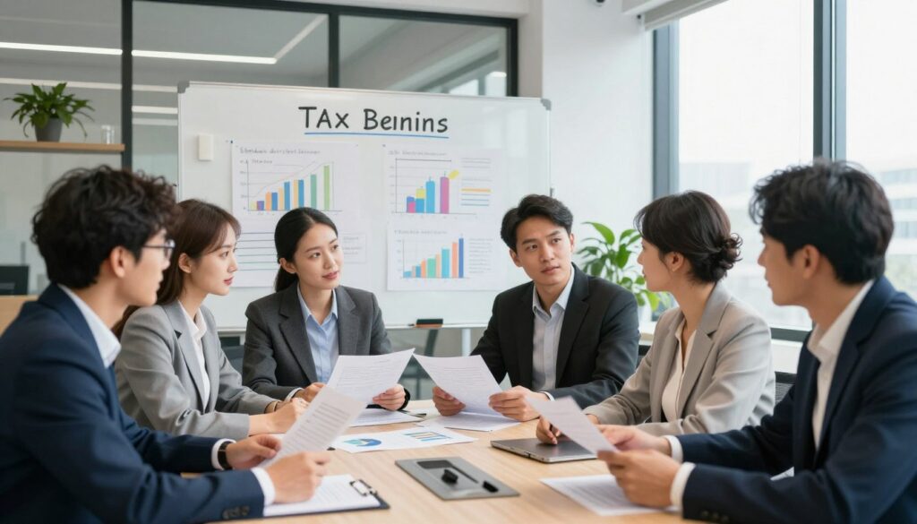 A professional office environment focused on tax exemptions and relief measures. In the foreground, a diverse group of business professionals, both men and women, are engaged in a discussion around a conference table, reviewing documents and charts related to tax benefits. The middle ground features a large whiteboard filled with colorful graphs and bullet points illustrating various tax exemptions. The background shows a well-lit office with modern decor, including plants and large windows that allow natural light to flood the space. The mood is collaborative and informative, with warm, inviting lighting to create an atmosphere of engagement and professionalism. The image should be sharp and detailed, captured at eye level, showcasing expressions of interest and focus among the participants.