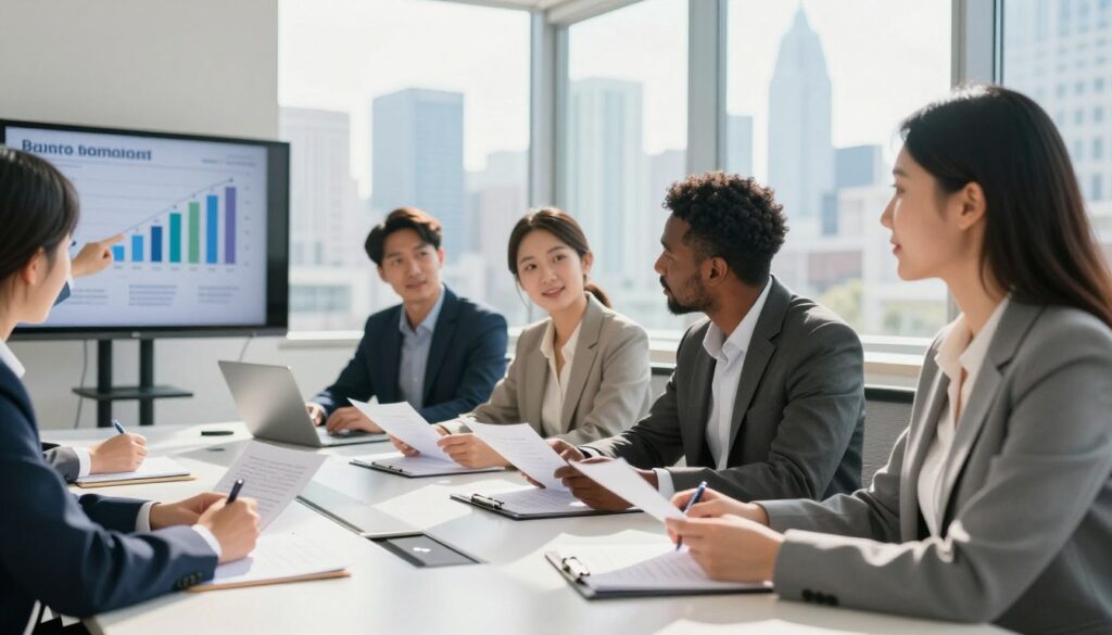A professional office environment with a diverse group of individuals engaged in a discussion about income and employment stability as it relates to bank assessments. In the foreground, a smartly dressed businesswoman is pointing to a financial chart on a digital screen. In the middle ground, colleagues of various ethnic backgrounds are seated around a sleek conference table, reviewing documents and sharing ideas. The background features a modern city skyline visible through large windows, bathed in natural sunlight, creating an atmosphere of optimism and opportunity. The lighting is bright but soft, emphasizing collaboration and professionalism. The scene embodies focus and determination in their efforts to improve financial credibility.