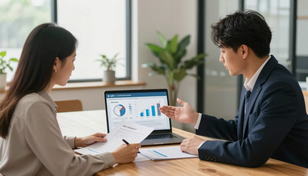A professional office scene showcasing a young couple discussing their mortgage options with a financial advisor. In the foreground, the couple is seated at a sleek wooden table, reviewing documents, with focused expressions. The advisor, dressed in a smart business suit, gestures towards a laptop displaying a detailed breakdown of mortgage conditions. In the middle section, informational charts and graphs about LTV, creditworthiness, and down payments are visible on the laptop screen. The background features a modern office setting with large windows letting in soft natural light and plants, creating a welcoming atmosphere. The composition conveys a sense of professionalism, trust, and hope for future homeownership, with warm lighting enhancing the overall inviting mood.