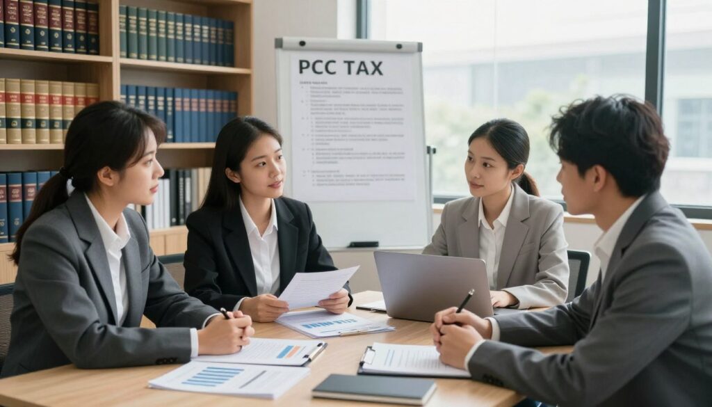 A professional office setting depicting civil law activities related to the PCC tax. In the foreground, a diverse group of three business professionals, dressed in smart business attire, are engaged in a discussion around a conference table filled with legal documents, charts, and a laptop. In the middle ground, shelves are lined with law books and a whiteboard illustrating key sections of civil law transactions. In the background, a large window allows for natural light to illuminate the scene, casting a warm and inviting glow. The atmosphere is focused and collaborative, highlighting the importance of understanding civil legal activities, typical in tax matters. The angle is slightly elevated, capturing the dynamic interaction between the professionals while showcasing the professional environment.