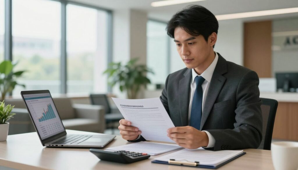 A professional office setting focused on the concept of creditworthiness. In the foreground, a sleek desk with a laptop open, displaying a financial analysis chart, accompanied by a calculator, and documents related to mortgage applications. In the middle, a confident individual dressed in formal business attire, examining their financial papers. The background showcases a modern bank environment with large windows allowing natural light to flood the room, illuminating the space. Soft shadows create a calm and focused atmosphere, with green plants subtly placed to add a touch of life. The overall mood should convey professionalism and readiness for financial assessment, emphasizing the importance of credit approval in mortgage processes.