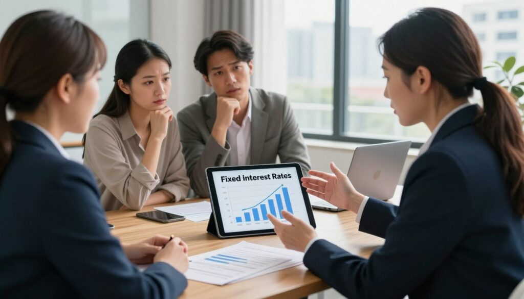 A professional office setting showcasing a financial advisor discussing fixed interest rates on a mortgage with a couple. In the foreground, the advisor, a well-dressed middle-aged woman, gestures towards a modern digital tablet displaying a graph of stable interest rates. The couple, dressed in smart casual attire, listens attentively, their expressions reflecting concern and hope. In the middle, a sleek wooden desk holds financial documents and a laptop. The background features large windows with natural light flooding in, revealing a cityscape outside. The atmosphere is focused and informative, with a sense of urgency in the air, embodying the importance of understanding mortgage costs and interest rate stability. Use warm lighting to create a welcoming ambiance.