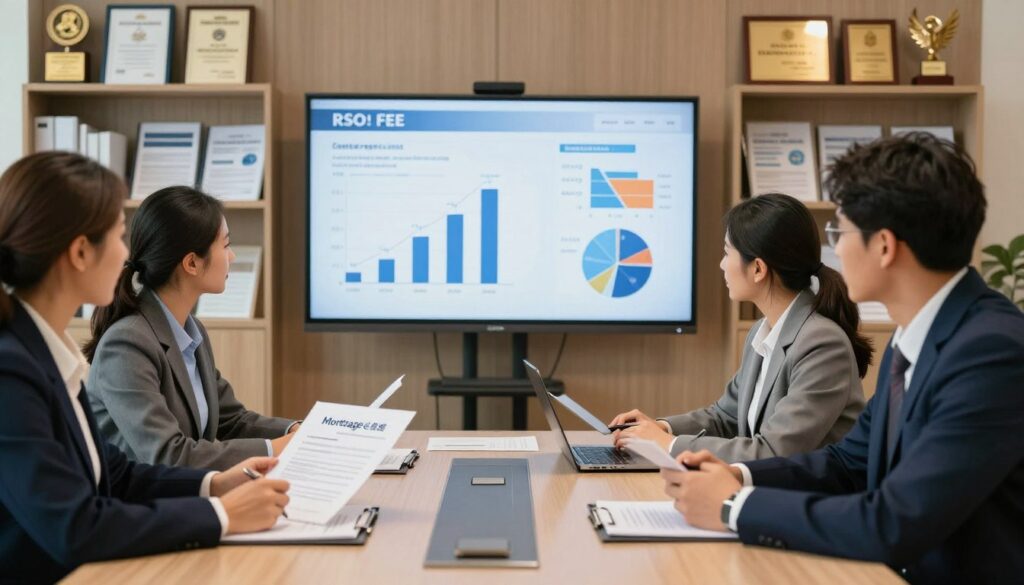 A professional office setting with a focus on financial discussions. In the foreground, a diverse group of business professionals in formal attire, seated at a sleek conference table, reviewing mortgage documents and discussing insurance costs related to a home loan. The middle ground features a large screen displaying graphs and figures pertinent to mortgage costs, including RRSO and fees. The background shows organized shelves with financial reports and awards on the walls, with soft, warm lighting creating a welcoming atmosphere. The image conveys a sense of professionalism and trustworthiness, emphasizing the detailed analysis of mortgage-related insurance costs in a modern banking environment.