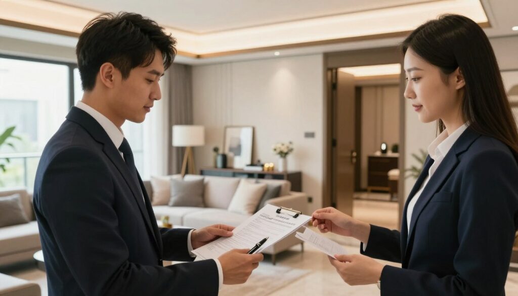 A professional scene of a property handover, featuring two individuals in business attire, a man and a woman, in an elegantly furnished apartment. In the foreground, they are engaged in a formal exchange, with the man holding a pen and a document, while the woman examines the apartment's condition with a thoughtful expression. In the middle, a modern living room with stylish decor and natural light streaming through large windows, showcasing the freshly renovated space. In the background, an open door leads to a well-organized entryway, adding depth to the scene. The atmosphere is focused and respectful, conveying the importance of the handover process. The lighting is warm and inviting, highlighting the professionalism of the moment.