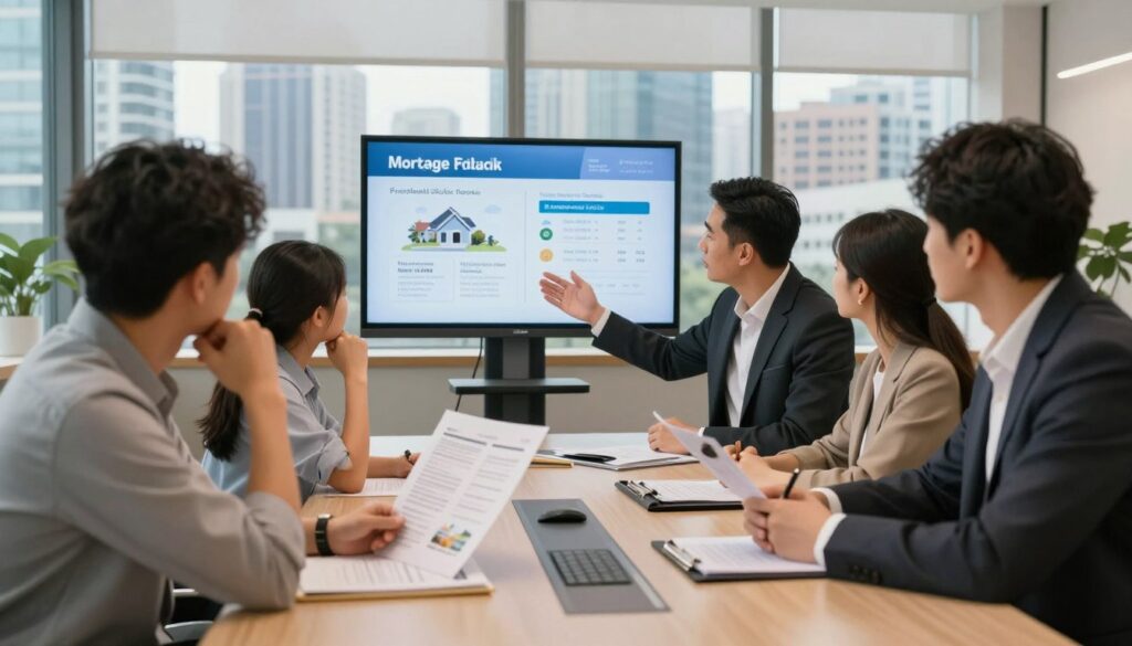 A professional setting depicting a family sitting at a sleek conference table in a modern office, engaged in a discussion with a financial advisor. The foreground features the family, dressed in business attire, showing a mix of anticipation and seriousness as they review a property brochure. In the middle, the advisor gestures toward a digital screen displaying an infographic about mortgage options. The background showcases a stylish city skyline through large windows, hinting at various properties like apartments and houses. Soft, warm lighting creates a welcoming atmosphere, emphasizing the importance of financial decisions. Capture the scene from a slightly elevated angle, focusing on the interaction and the visual elements representing real estate. A professional setting depicting a family sitting at a sleek conference table in a modern office, engaged in a discussion with a financial advisor. The foreground features the family, dressed in business attire, showing a mix of anticipation and seriousness as they review a property brochure. In the middle, the advisor gestures toward a digital screen displaying an infographic about mortgage options. The background showcases a stylish city skyline through large windows, hinting at various properties like apartments and houses. Soft, warm lighting creates a welcoming atmosphere, emphasizing the importance of financial decisions. Capture the scene from a slightly elevated angle, focusing on the interaction and the visual elements representing real estate.