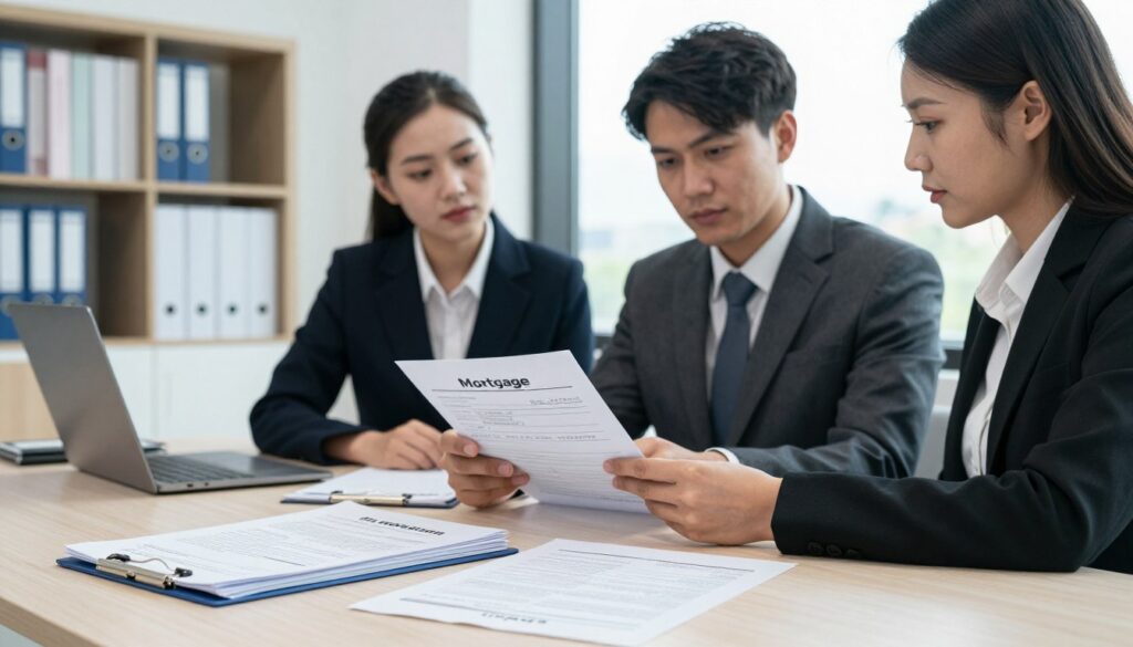 A professional setting depicting a mortgage application process. In the foreground, a neatly organized desk with a stack of official documents, including a loan application form and financial records, emphasizing financial themes. In the middle, two business professionals, a man and a woman, engaged in a serious discussion while reviewing the mortgage documents, both dressed in professional business attire. The background features a modern office space with a bookshelf filled with finance books and a large window providing soft, natural light, creating a bright and inviting atmosphere. The mood is focused and serious, reflecting the importance of financial decisions.