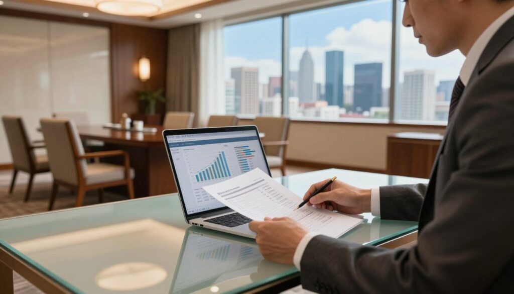 A professional setting depicting the process of real estate valuation. In the foreground, a businessman in a tailored suit examines property documents on a sleek glass desk, with a laptop open showing charts and graphs related to property prices. In the middle ground, a well-lit conference room with elegant wooden furniture and a large window overlooking an urban landscape is visible. The background features a modern city skyline with skyscrapers under a bright blue sky, symbolizing growth and investment opportunities. The atmosphere is focused and serious, highlighting the importance of accurate property valuation. Soft natural light fills the room, creating a warm and inviting ambiance, while a subtle depth of field blurs the background slightly, emphasizing the subject in the foreground.