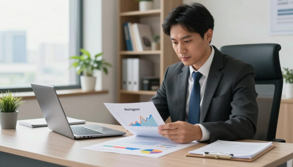 A professional setting featuring a confident financial advisor in business attire, seated at a sleek, modern desk with a laptop open, analyzing mortgage documents. In the foreground, a clear view of a financial graph illustrating the concepts of "RRSO" and "real cost of the mortgage" in vibrant colors. The middle ground includes subtle office decor, like a potted plant and a bookshelf filled with financial literature, to evoke a scholarly atmosphere. The background shows a bright window with a cityscape view, suggesting hope and opportunity. Soft, natural lighting floods the room, creating a warm and inviting mood, as the focus remains on the advisor's detailed calculations, emphasizing professionalism in financial guidance.