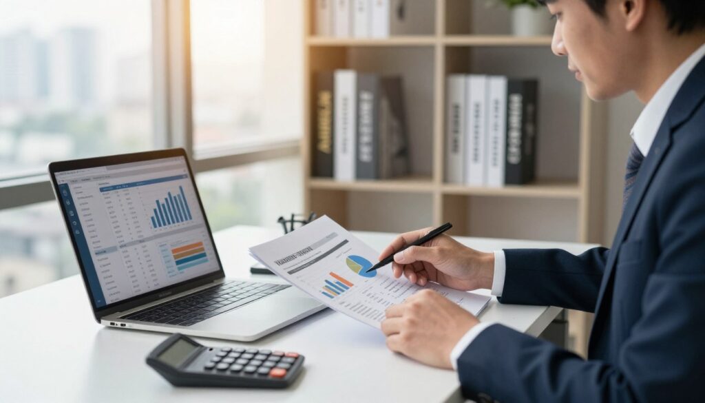 A professional setting focusing on real estate valuation, featuring a sleek office desk with a laptop displaying property data and graphs. In the foreground, a focused professional in business attire is analyzing paperwork related to property values, including charts and a calculator. In the middle ground, a well-organized bookshelf with real estate books and market reports adds context. The background includes a large window with a cityscape view, bathed in natural sunlight that creates a warm, inviting atmosphere. The mood is serious yet hopeful, emphasizing the importance of property valuation in securing a mortgage loan. The composition is well-lit with a slight depth of field, focusing on the professional while softly blurring the background elements.