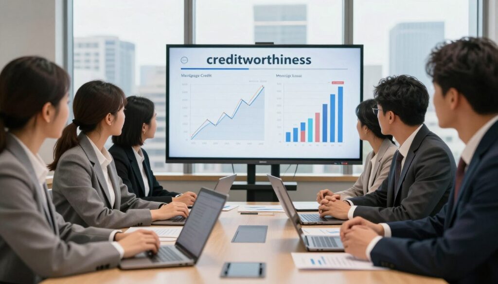 A professional setting illustrating "creditworthiness" with a focus on quantitative and qualitative analysis. In the foreground, a diverse group of business professionals in smart attire gather around a conference table with laptops and financial documents. The middle ground features charts and graphs displayed on a digital screen, showcasing data trends related to mortgage credit. In the background, large windows provide natural light, revealing a city skyline, enhancing the atmosphere of decision-making and financial evaluation. The scene should convey a sense of collaboration, focus, and professionalism, with warm lighting to create an inviting yet serious mood, perfect for an analysis-driven context.