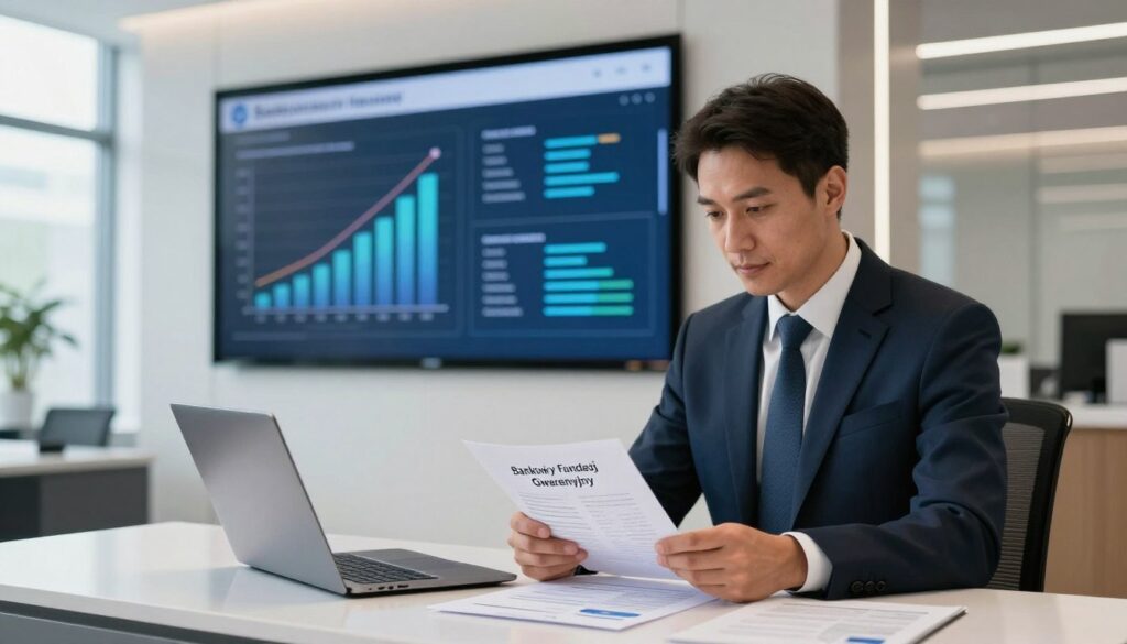 A professional setting in a modern bank office, focusing on the concept of deposit safety in Poland. In the foreground, a confident bank manager in smart business attire, reviewing documents related to the "Bankowy Fundusz Gwarancyjny" on a sleek desk with financial reports and a laptop. In the middle ground, a large modern wall display featuring graphs and statistics about bank security measures, with subtle visual elements representing the fund's protective role. The background shows a contemporary bank interior with large windows, soft natural lighting pouring in to create a serene atmosphere. The overall mood should be one of trust, security, and professionalism, emphasizing the stability and safety of Polish banks. A professional setting in a modern bank office, focusing on the concept of deposit safety in Poland. In the foreground, a confident bank manager in smart business attire, reviewing documents related to the "Bankowy Fundusz Gwarancyjny" on a sleek desk with financial reports and a laptop. In the middle ground, a large modern wall display featuring graphs and statistics about bank security measures, with subtle visual elements representing the fund's protective role. The background shows a contemporary bank interior with large windows, soft natural lighting pouring in to create a serene atmosphere. The overall mood should be one of trust, security, and professionalism, emphasizing the stability and safety of Polish banks.