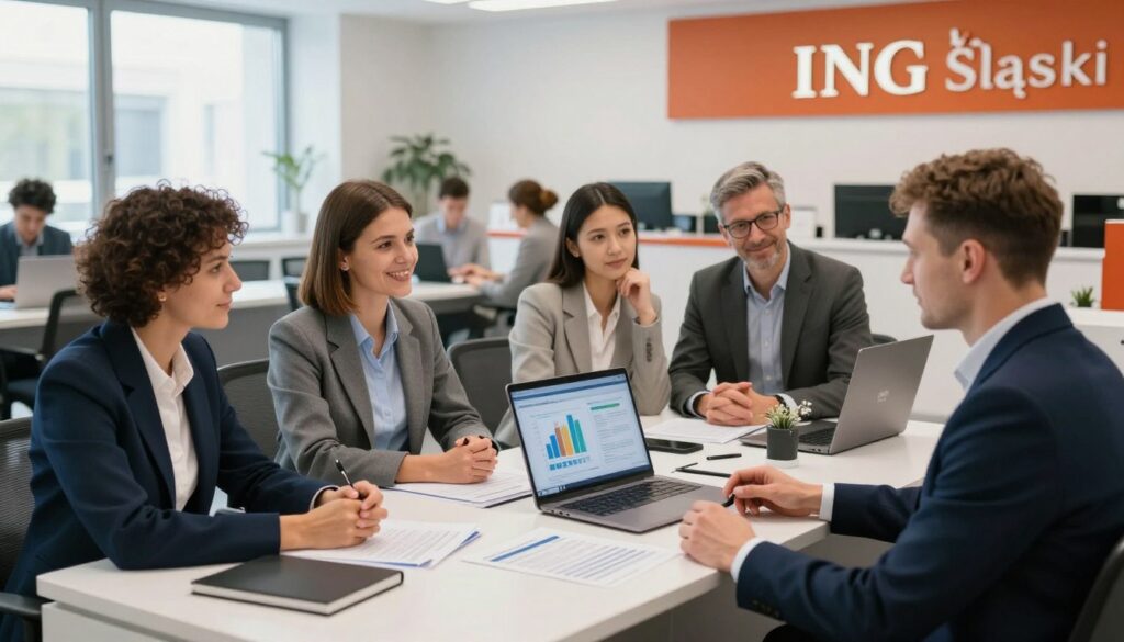 A professional setting showcasing a busy bank office environment at ING Bank Śląski. In the foreground, a diverse group of clients of varying ages, dressed in business attire, consult with a bank advisor about mortgage options. The middle ground features a sleek, contemporary desk with important bank documents and a laptop open, displaying graphs of interest rates. In the background, walls adorned with ING branding and large windows revealing bright daylight, casting soft natural light into the space. The atmosphere is welcoming and busy, reflecting a sense of professionalism and trust. The composition emphasizes a sense of engagement and the customer experience in the mortgage application process, captured from a slightly elevated angle for a dynamic view. A professional setting showcasing a busy bank office environment at ING Bank Śląski. In the foreground, a diverse group of clients of varying ages, dressed in business attire, consult with a bank advisor about mortgage options. The middle ground features a sleek, contemporary desk with important bank documents and a laptop open, displaying graphs of interest rates. In the background, walls adorned with ING branding and large windows revealing bright daylight, casting soft natural light into the space. The atmosphere is welcoming and busy, reflecting a sense of professionalism and trust. The composition emphasizes a sense of engagement and the customer experience in the mortgage application process, captured from a slightly elevated angle for a dynamic view.