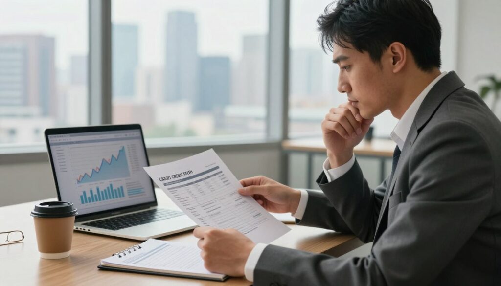 A professional setting showcasing a person analyzing a credit report, set at a stylish office desk. The foreground features a focused individual in business attire, examining documents with a thoughtful expression. The middle ground includes a laptop displaying a financial graph, alongside a cup of coffee and a notepad filled with notes. In the background, a large window reveals a city skyline, bathed in soft, natural light emphasizing a sense of professionalism and modernity. The mood is serious yet optimistic, symbolizing the importance of building and repairing credit history. The image should have a warm color palette, with highlights on the individual's face to emphasize determination and responsibility.