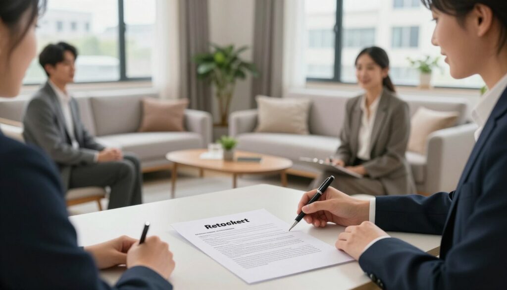 A professional setting showcasing a rental property proposal. In the foreground, a neatly arranged table with paperwork, a rental agreement, and a pen, hinting at the process of signing a lease. In the middle, a well-lit, welcoming living room with modern furniture, a comfortable sofa, and potted plants, creating a cozy atmosphere. Large windows in the background provide natural light, illuminating the room and showing a view of a clean, urban environment. The mood is optimistic and inviting, reflecting the hopes of prospective tenants. The scene emphasizes professionalism, with people dressed in smart business attire, discussing the terms amicably. Soft lighting enhances the welcoming feel, with a slight depth of field to focus on the table and people engaged in conversation. A professional setting showcasing a rental property proposal. In the foreground, a neatly arranged table with paperwork, a rental agreement, and a pen, hinting at the process of signing a lease. In the middle, a well-lit, welcoming living room with modern furniture, a comfortable sofa, and potted plants, creating a cozy atmosphere. Large windows in the background provide natural light, illuminating the room and showing a view of a clean, urban environment. The mood is optimistic and inviting, reflecting the hopes of prospective tenants. The scene emphasizes professionalism, with people dressed in smart business attire, discussing the terms amicably. Soft lighting enhances the welcoming feel, with a slight depth of field to focus on the table and people engaged in conversation.