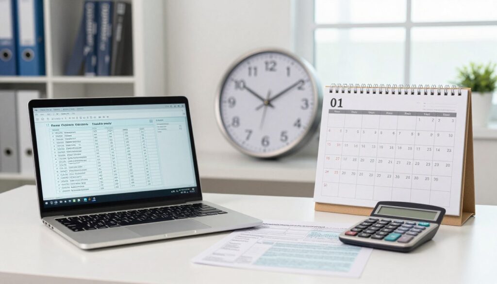 A professional setting showcasing a well-organized office workspace focused on tax payment schedules. In the foreground, a neatly arranged desk with a laptop displaying financial spreadsheets, a calculator, and tax forms, emphasizing monthly and quarterly payment deadlines. In the middle, a large clock on the wall illustrates the importance of timing, complemented by a calendar marked with key dates. The background features shelves filled with finance books and a window allowing soft, natural light to flood the room, creating an inviting atmosphere. The mood should reflect diligence and professionalism, suitable for individuals engaging in tax-related planning and discussions. The perspective is slightly angled to provide depth, focusing on the desk and the calendar while softening the background details. A professional setting showcasing a well-organized office workspace focused on tax payment schedules. In the foreground, a neatly arranged desk with a laptop displaying financial spreadsheets, a calculator, and tax forms, emphasizing monthly and quarterly payment deadlines. In the middle, a large clock on the wall illustrates the importance of timing, complemented by a calendar marked with key dates. The background features shelves filled with finance books and a window allowing soft, natural light to flood the room, creating an inviting atmosphere. The mood should reflect diligence and professionalism, suitable for individuals engaging in tax-related planning and discussions. The perspective is slightly angled to provide depth, focusing on the desk and the calendar while softening the background details.
