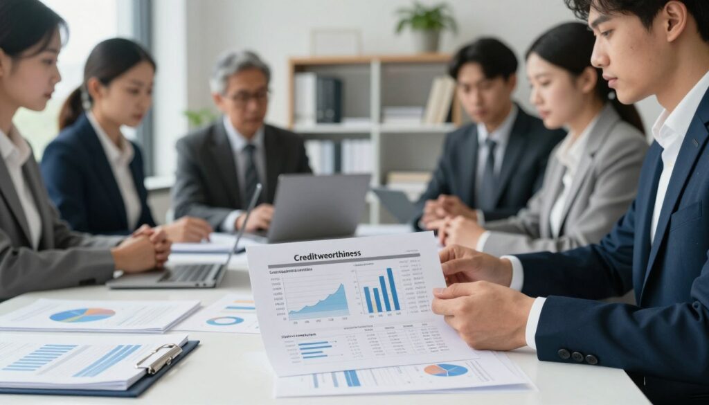 A professional setting where a diverse group of individuals, dressed in smart business attire, engages in a discussion around a table cluttered with documents and a laptop displaying financial graphs. In the foreground, focus on a detailed financial report about creditworthiness, featuring numbers, charts, and graphs representing income requirements and credit scores. In the middle, a light source from a window casts soft natural light onto the scene, creating a bright and reassuring atmosphere. The background should subtly include shelves with financial books and a potted plant, enhancing the professionalism of the environment. The overall mood is serious yet collaborative, reflecting the importance of financial discussions related to credit capabilities.