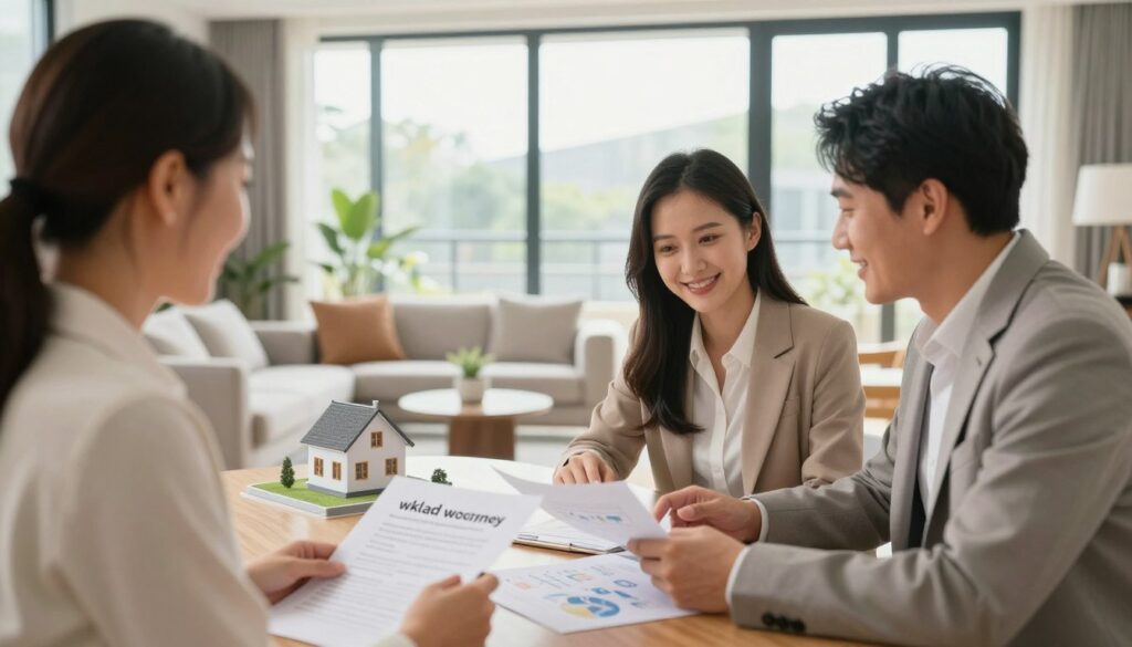 A serene indoor setting illustrating the concept of "wkład własny" in home financing. In the foreground, a well-dressed professional couple, smiling and discussing, surrounded by documents representing mortgage options and financial planning. In the middle ground, a beautifully designed living room with a modern aesthetic, showcasing a small house model and financial charts on a table. The background features large windows that reveal a sunny day, enhancing a positive atmosphere of opportunity. Soft, natural lighting bathes the scene, creating warmth and optimism. The image should evoke a sense of trust and financial confidence, suitable for conveying the topic of home financing and investment. Ensure no text or branding is present in the image. A serene indoor setting illustrating the concept of "wkład własny" in home financing. In the foreground, a well-dressed professional couple, smiling and discussing, surrounded by documents representing mortgage options and financial planning. In the middle ground, a beautifully designed living room with a modern aesthetic, showcasing a small house model and financial charts on a table. The background features large windows that reveal a sunny day, enhancing a positive atmosphere of opportunity. Soft, natural lighting bathes the scene, creating warmth and optimism. The image should evoke a sense of trust and financial confidence, suitable for conveying the topic of home financing and investment. Ensure no text or branding is present in the image.