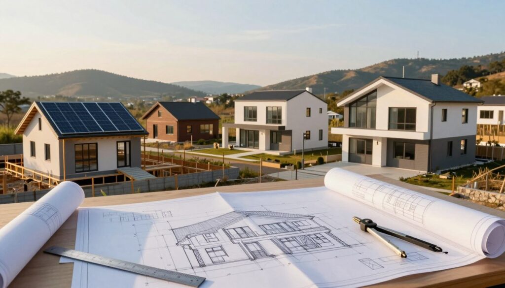 A serene landscape featuring a collection of modern house designs, showcasing various architectural styles in an organized layout. In the foreground, there are detailed blueprints and sketches on a drafting table, with a few tools like a compass and ruler scattered around, reflecting the planning process. The middle ground presents several houses under construction, including a small, eco-friendly house with solar panels and a contemporary two-story home with large windows. In the background, gentle hills and a clear sky provide a tranquil atmosphere, illuminated by warm, golden sunlight, creating an inviting and hopeful mood. The scene should be captured with a slightly elevated angle, emphasizing the variety of designs and the harmony with nature. A serene landscape featuring a collection of modern house designs, showcasing various architectural styles in an organized layout. In the foreground, there are detailed blueprints and sketches on a drafting table, with a few tools like a compass and ruler scattered around, reflecting the planning process. The middle ground presents several houses under construction, including a small, eco-friendly house with solar panels and a contemporary two-story home with large windows. In the background, gentle hills and a clear sky provide a tranquil atmosphere, illuminated by warm, golden sunlight, creating an inviting and hopeful mood. The scene should be captured with a slightly elevated angle, emphasizing the variety of designs and the harmony with nature.