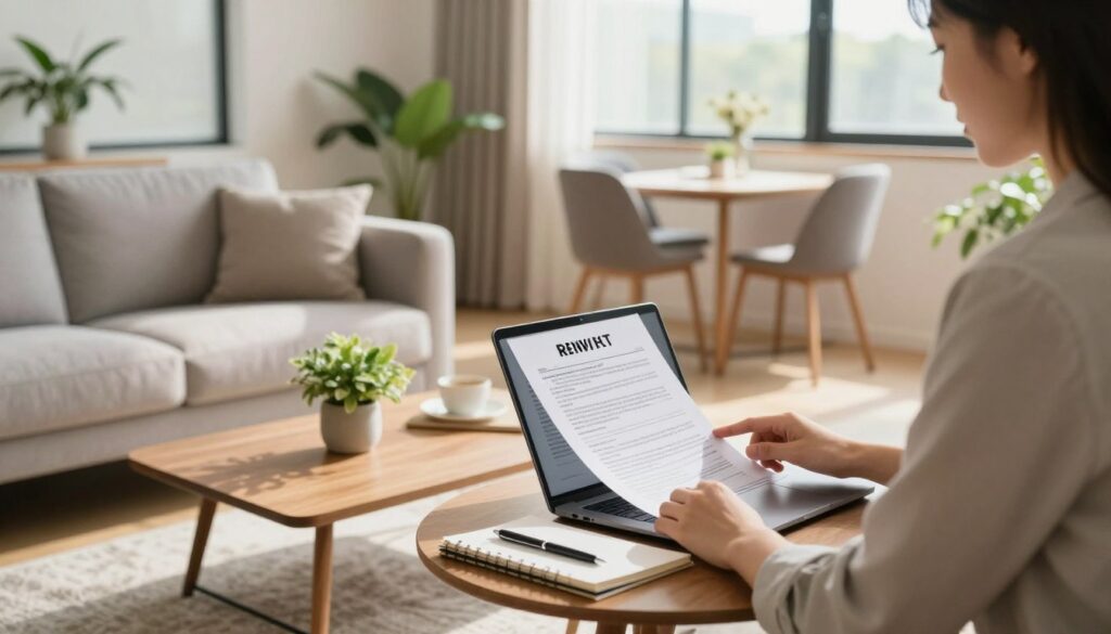 A serene, modern apartment interior, showcasing a well-furnished living room with a cozy atmosphere, featuring a stylish sofa, potted plants, and a wooden coffee table. In the foreground, a professional-looking person in business attire is reviewing rental documents on a laptop, with a notepad and pen beside them. The middle ground includes a dining area with a small table set for two, while large windows in the background allow natural light to flood the space, casting soft shadows on the floor. The entire scene should convey a sense of professionalism and comfort, emphasizing themes of rental agreements and VAT considerations, with a calm and inviting color palette of warm neutrals and greens. A serene, modern apartment interior, showcasing a well-furnished living room with a cozy atmosphere, featuring a stylish sofa, potted plants, and a wooden coffee table. In the foreground, a professional-looking person in business attire is reviewing rental documents on a laptop, with a notepad and pen beside them. The middle ground includes a dining area with a small table set for two, while large windows in the background allow natural light to flood the space, casting soft shadows on the floor. The entire scene should convey a sense of professionalism and comfort, emphasizing themes of rental agreements and VAT considerations, with a calm and inviting color palette of warm neutrals and greens.