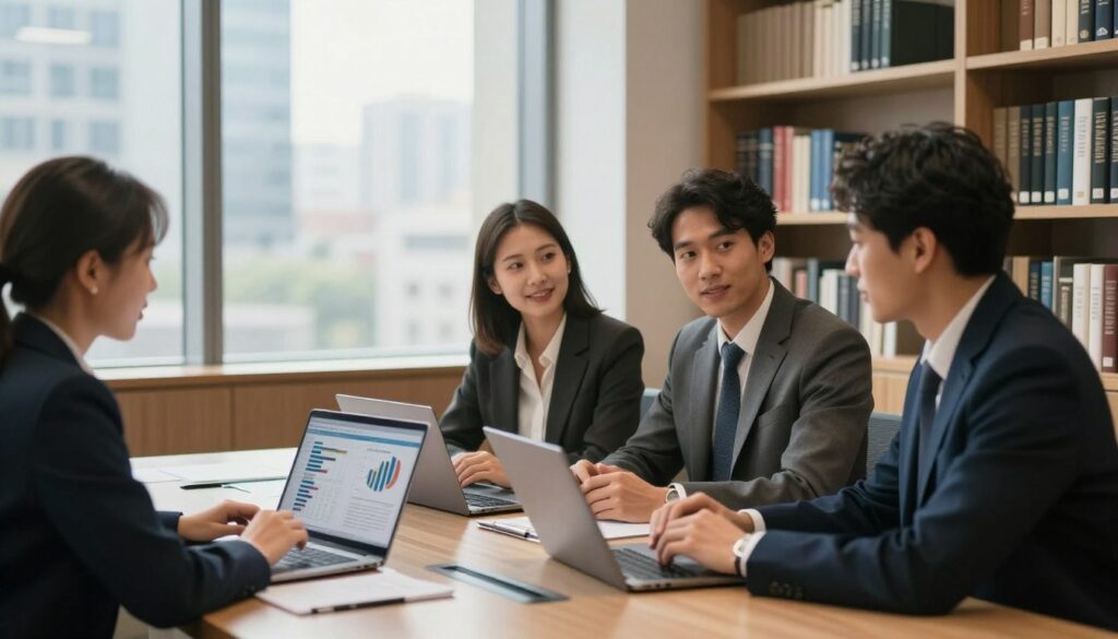 A serene, modern office environment showcasing a professional discussion about mortgage options. In the foreground, a diverse group of three professionals—one woman and two men—are seated around a sleek conference table, each dressed in smart business attire, engaged in dialogue with laptops open in front of them, showing graphs and charts related to mortgage rates. The middle ground features a large window with natural light flooding in, highlighting a view of a bustling cityscape, indicating financial opportunities. In the background, shelves filled with financial literature create a scholarly atmosphere. The overall mood is focused and optimistic, with a soft, warm color palette to emphasize a sense of trust and professionalism. The angle captures both the energy of the discussion and the calm environment of the office. A serene, modern office environment showcasing a professional discussion about mortgage options. In the foreground, a diverse group of three professionals—one woman and two men—are seated around a sleek conference table, each dressed in smart business attire, engaged in dialogue with laptops open in front of them, showing graphs and charts related to mortgage rates. The middle ground features a large window with natural light flooding in, highlighting a view of a bustling cityscape, indicating financial opportunities. In the background, shelves filled with financial literature create a scholarly atmosphere. The overall mood is focused and optimistic, with a soft, warm color palette to emphasize a sense of trust and professionalism. The angle captures both the energy of the discussion and the calm environment of the office.
