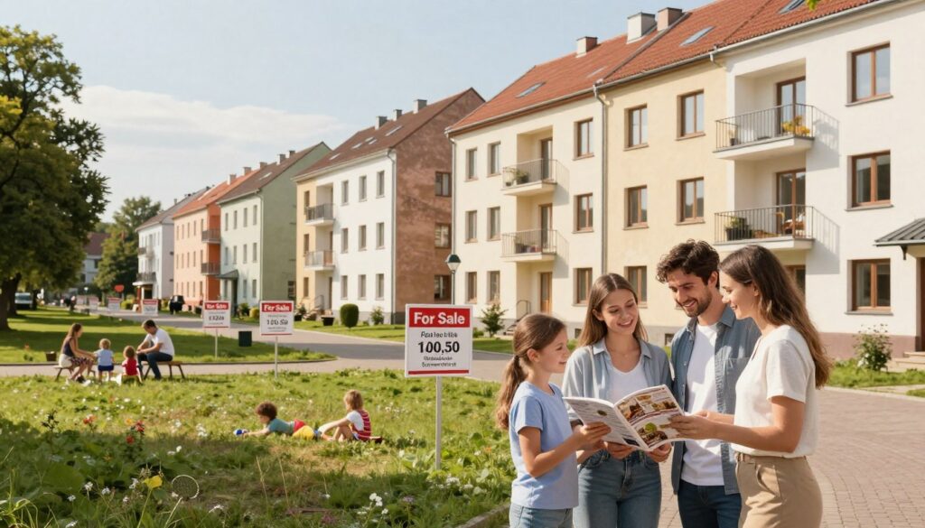 A serene urban neighborhood in Poland, showcasing a row of affordable, modern apartment buildings with diverse architectural styles. In the foreground, a family of three—dressed in smart casual attire—examines a real estate brochure, discussing their options with bright expressions. The middle ground features several "For Sale" signs in front of the apartments, each highlighting their affordable prices. The background reveals a park with families enjoying the outdoors, symbolizing community life. Natural sunlight bathes the scene in a warm glow, creating an inviting atmosphere. The viewpoint is slightly elevated, taken at a wide angle to capture both the living environment and the charming community vibe of budget-friendly living in Poland. A serene urban neighborhood in Poland, showcasing a row of affordable, modern apartment buildings with diverse architectural styles. In the foreground, a family of three—dressed in smart casual attire—examines a real estate brochure, discussing their options with bright expressions. The middle ground features several "For Sale" signs in front of the apartments, each highlighting their affordable prices. The background reveals a park with families enjoying the outdoors, symbolizing community life. Natural sunlight bathes the scene in a warm glow, creating an inviting atmosphere. The viewpoint is slightly elevated, taken at a wide angle to capture both the living environment and the charming community vibe of budget-friendly living in Poland.