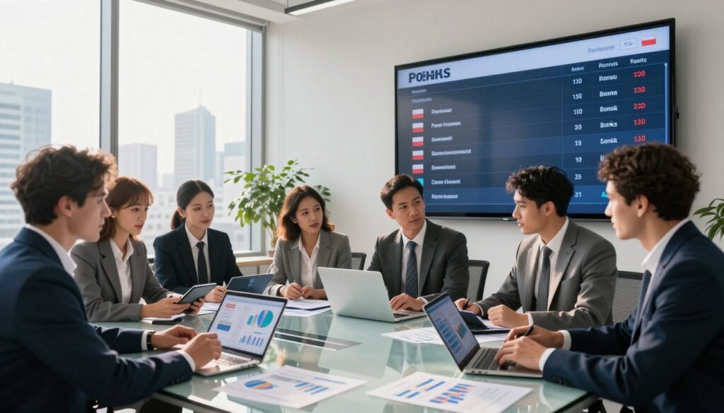 A sleek and modern office environment featuring a large digital display on the wall showcasing a ranking of banks in Poland. In the foreground, a diverse group of professionals in business attire — men and women of various ethnicities — are engaged in discussion, examining charts and graphs on tablets and laptops. The middle ground features a large glass table with financial reports and documents scattered across it, reflecting a collaborative atmosphere. The background displays tall windows with a city skyline visible, bathed in warm, natural light that creates an optimistic ambiance. The overall mood is professional and analytical, emphasizing financial security and informed decision-making. The image is composed with a slight upward angle, enhancing the sense of importance and professionalism. A sleek and modern office environment featuring a large digital display on the wall showcasing a ranking of banks in Poland. In the foreground, a diverse group of professionals in business attire — men and women of various ethnicities — are engaged in discussion, examining charts and graphs on tablets and laptops. The middle ground features a large glass table with financial reports and documents scattered across it, reflecting a collaborative atmosphere. The background displays tall windows with a city skyline visible, bathed in warm, natural light that creates an optimistic ambiance. The overall mood is professional and analytical, emphasizing financial security and informed decision-making. The image is composed with a slight upward angle, enhancing the sense of importance and professionalism.