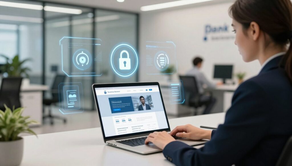 A sleek, modern bank office interior focused on secure online banking. In the foreground, a professional businesswoman, dressed in formal attire, is using a laptop with a secure banking website on the screen. The middle layer features a visually striking digital interface displaying security features like encryption symbols and a padlock icon. The background shows a contemporary banking environment with glass partitions, green plants, and soft ambient lighting that creates a calm, trustworthy atmosphere. The scene is captured with a shallow depth of field, drawing attention to the woman and the laptop while softly blurring the background. The overall mood is one of professionalism, security, and technological advancement, emphasizing the importance of safe online banking practices. A sleek, modern bank office interior focused on secure online banking. In the foreground, a professional businesswoman, dressed in formal attire, is using a laptop with a secure banking website on the screen. The middle layer features a visually striking digital interface displaying security features like encryption symbols and a padlock icon. The background shows a contemporary banking environment with glass partitions, green plants, and soft ambient lighting that creates a calm, trustworthy atmosphere. The scene is captured with a shallow depth of field, drawing attention to the woman and the laptop while softly blurring the background. The overall mood is one of professionalism, security, and technological advancement, emphasizing the importance of safe online banking practices.