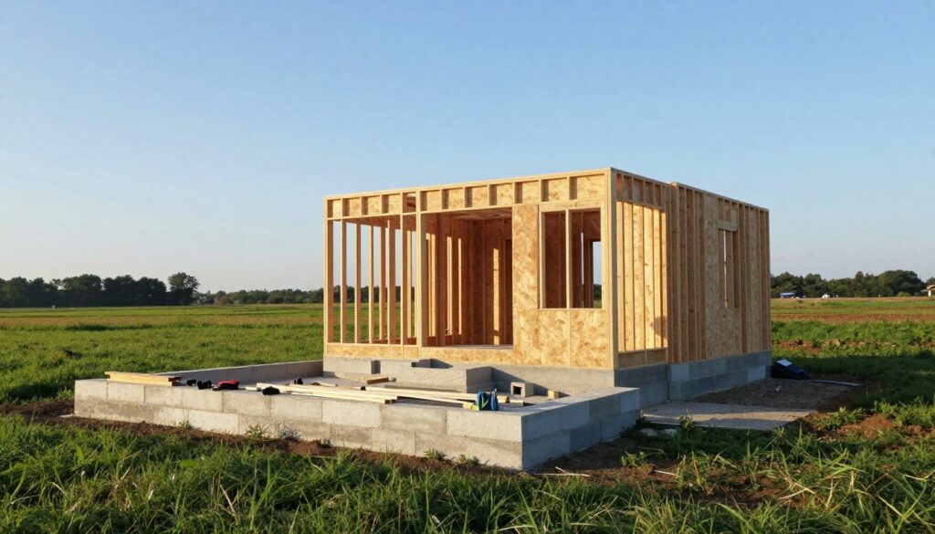 A small, simple house under construction without permits, situated in a lush green field. In the foreground, a foundation of concrete blocks sits sturdy, with scattered tools and building materials like timber and ropes. In the middle, a partially assembled wooden frame rises, showcasing an inviting porch and visible walls. In the background, a serene landscape features distant trees and a clear blue sky, reflecting a calm afternoon light. The mood is pragmatic yet hopeful, embodying the aspirations of homeowners seeking liberation from bureaucratic constraints. The image is captured from a low angle to emphasize the house's structure against the open sky, highlighting the ongoing construction process without any human figures present. A small, simple house under construction without permits, situated in a lush green field. In the foreground, a foundation of concrete blocks sits sturdy, with scattered tools and building materials like timber and ropes. In the middle, a partially assembled wooden frame rises, showcasing an inviting porch and visible walls. In the background, a serene landscape features distant trees and a clear blue sky, reflecting a calm afternoon light. The mood is pragmatic yet hopeful, embodying the aspirations of homeowners seeking liberation from bureaucratic constraints. The image is captured from a low angle to emphasize the house's structure against the open sky, highlighting the ongoing construction process without any human figures present.