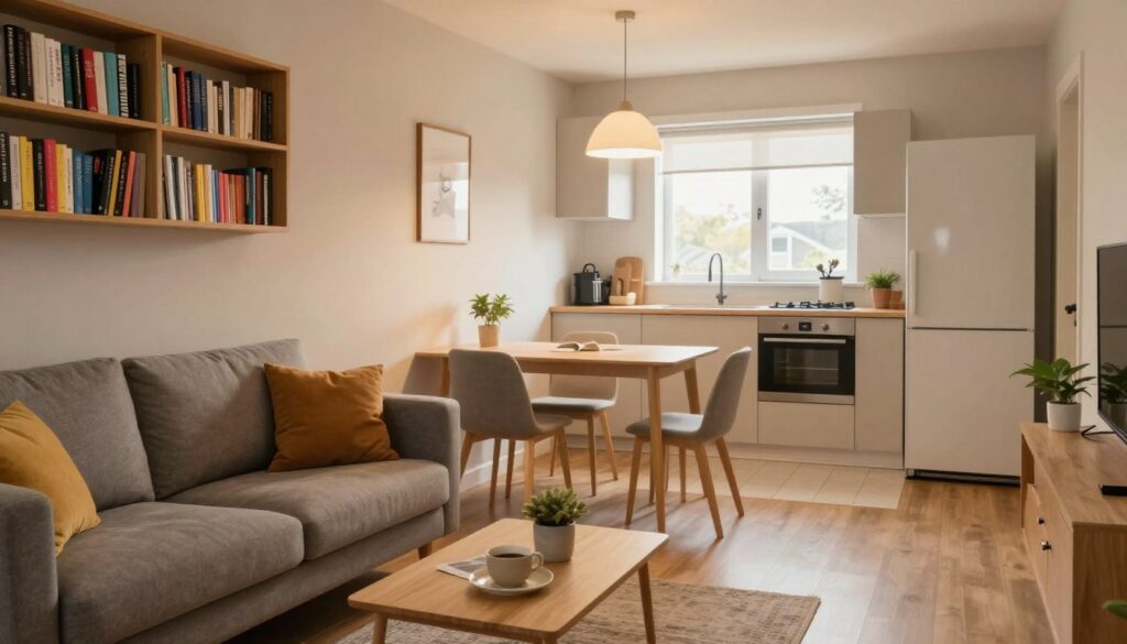 A social housing apartment interior, showcasing a cozy living space that represents affordability and functionality. In the foreground, a modest but stylish living room with a small sofa, coffee table, and bookshelves filled with colorful books. The middle ground features a compact dining area with a table set for two, surrounded by simple but elegant furniture. The background reveals a small kitchen with essential appliances and a window that lets in warm, natural lighting, highlighting a sense of home. The atmosphere is inviting and inclusive, reflecting community spirit. Use warm lighting, shot from a slight angle to create depth, and ensure the space is uncluttered but livable, embodying the idea of social housing. A social housing apartment interior, showcasing a cozy living space that represents affordability and functionality. In the foreground, a modest but stylish living room with a small sofa, coffee table, and bookshelves filled with colorful books. The middle ground features a compact dining area with a table set for two, surrounded by simple but elegant furniture. The background reveals a small kitchen with essential appliances and a window that lets in warm, natural lighting, highlighting a sense of home. The atmosphere is inviting and inclusive, reflecting community spirit. Use warm lighting, shot from a slight angle to create depth, and ensure the space is uncluttered but livable, embodying the idea of social housing.