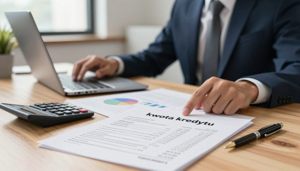 A sophisticated, professional illustration of a "kwota kredytu" concept, featuring a close-up of financial documents laid out on a wooden office desk, with a calculator, a pen, and a laptop in the foreground. The documents display graphs and numeric data, emphasizing loan amounts, terms, and currency types. In the middle ground, a calm, focused young professional dressed in business attire (suit and tie) is analyzing the documents, looking thoughtfully at the laptop screen. The background is subtly blurred, showcasing a modern office environment with soft, natural lighting that creates a warm and inviting atmosphere. Use a shallow depth of field to keep the focus on the documents and the professional, evoking a sense of clarity and determination in financial decision-making.
