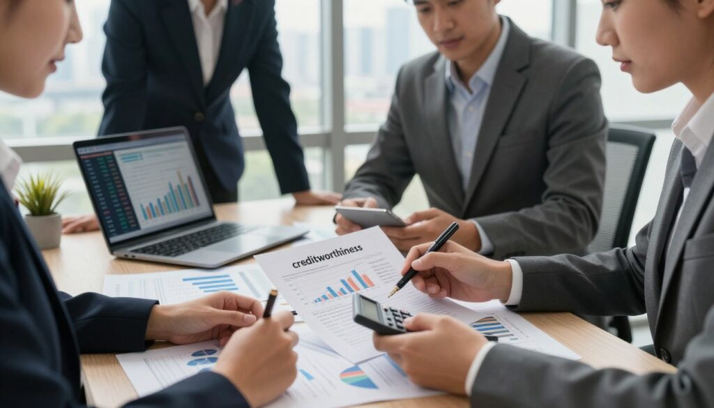 A thoughtful composition representing "creditworthiness" in a professional setting. In the foreground, a diverse group of individuals in professional business attire, focusing on a financial report, pen and calculator in hand. In the middle, an office desk cluttered with documents, graphs demonstrating credit scores, and a laptop displaying financial data charts. In the background, a large window with natural light streaming in, revealing a city skyline, suggesting a prosperous environment. Soft, warm lighting to convey a sense of optimism and professionalism. The camera angle should be slightly elevated, capturing the essence of collaboration and analysis, and fostering an atmosphere of diligence and foresight.