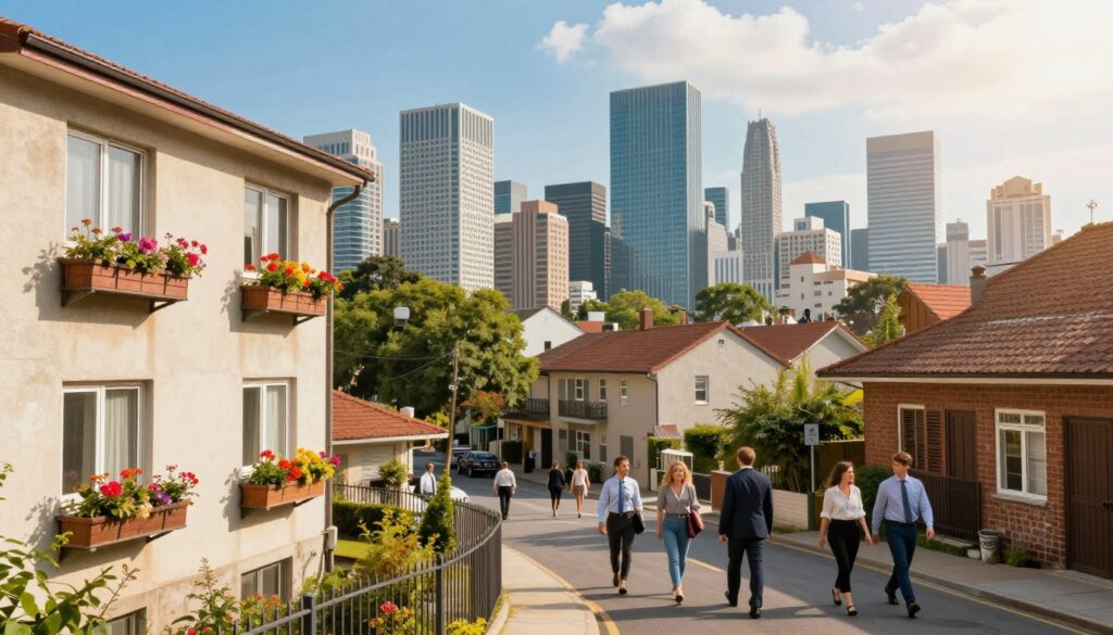A vibrant cityscape showcasing the contrast between affordable apartments in provincial cities and bustling metropolitan areas. In the foreground, depict a cozy, modest apartment building with vibrant flowers in window boxes, emphasizing affordability. In the middle ground, illustrate a lively urban scene with pedestrians in professional business attire walking past a mix of modern high-rises and older buildings, highlighting the diversity of housing options. The background features a skyline of larger cities with skyscrapers under a bright blue sky, adding depth. Use warm, inviting sunlight to create a welcoming atmosphere, capturing a sense of community and opportunity. The overall mood should be optimistic, reflecting the potential of finding affordable housing in various urban settings. A vibrant cityscape showcasing the contrast between affordable apartments in provincial cities and bustling metropolitan areas. In the foreground, depict a cozy, modest apartment building with vibrant flowers in window boxes, emphasizing affordability. In the middle ground, illustrate a lively urban scene with pedestrians in professional business attire walking past a mix of modern high-rises and older buildings, highlighting the diversity of housing options. The background features a skyline of larger cities with skyscrapers under a bright blue sky, adding depth. Use warm, inviting sunlight to create a welcoming atmosphere, capturing a sense of community and opportunity. The overall mood should be optimistic, reflecting the potential of finding affordable housing in various urban settings.
