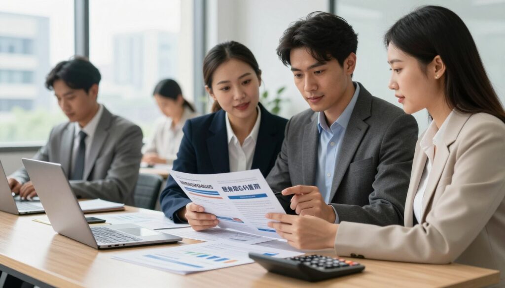 A visually appealing office setting showcasing additional financial products related to mortgage offerings. In the foreground, a neatly arranged desk with documents, a laptop, and a calculator, symbolizing financial planning. The middle ground features a diverse group of two professionals, a man and a woman, dressed in sharp business attire, discussing options over a brochure of mortgage benefits, emphasizing collaboration and expertise. In the background, large windows with natural light enhancing the scene, and a modern cityscape can be seen, depicting progress and opportunity. The atmosphere is professional yet inviting, suggesting a focus on understanding and improving financial solutions, with a warm color palette balancing productivity and comfort.