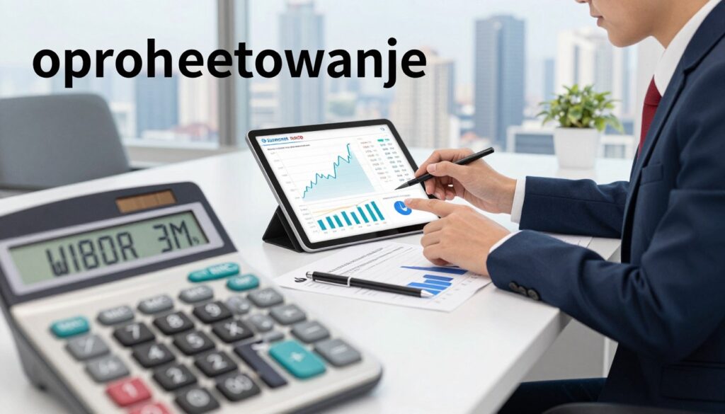 A visually compelling illustration showcasing the concept of "oprocentowanie," specifically highlighting variable interest rates in mortgage loans. In the foreground, a close-up of a financial calculator displaying numbers and percentages related to WIBOR 3M. In the middle ground, a sleek and modern office setting with a professional individual in business attire analyzing charts and graphs on a tablet, depicting the fluctuation of interest rates. The background features a city skyline through a large window, symbolizing financial growth and opportunities. Soft, natural lighting filters through the window, creating a clean and focused atmosphere. The overall mood is one of professionalism and financial clarity, emphasizing trust and insight into mortgage loan interest rates in Santander. A visually compelling illustration showcasing the concept of "oprocentowanie," specifically highlighting variable interest rates in mortgage loans. In the foreground, a close-up of a financial calculator displaying numbers and percentages related to WIBOR 3M. In the middle ground, a sleek and modern office setting with a professional individual in business attire analyzing charts and graphs on a tablet, depicting the fluctuation of interest rates. The background features a city skyline through a large window, symbolizing financial growth and opportunities. Soft, natural lighting filters through the window, creating a clean and focused atmosphere. The overall mood is one of professionalism and financial clarity, emphasizing trust and insight into mortgage loan interest rates in Santander.