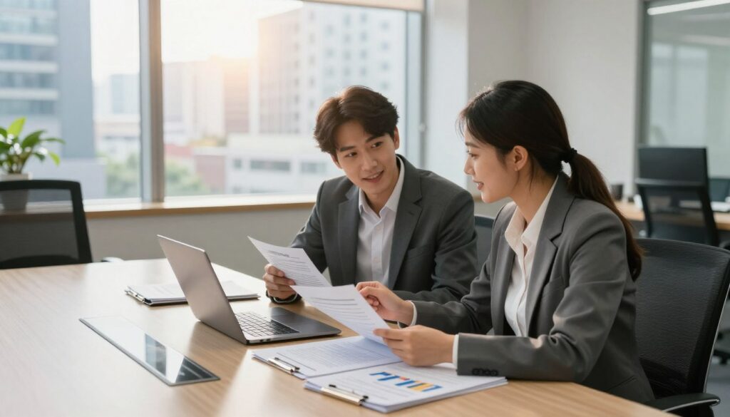 A visually compelling scene depicting a young couple discussing their mortgage options in a modern bank office setting. In the foreground, the couple, dressed in professional business attire, are engaged in an animated conversation while examining documents and a laptop. The middle ground features a sleek conference table adorned with mortgage pamphlets and a laptop displaying financial charts. In the background, a large window offers a panoramic view of a bustling cityscape, with sunlight streaming in to create an inviting atmosphere. Soft, warm lighting enhances the professionalism of the setting, capturing the hopeful mood of the couple as they contemplate their financial future. The angle is slightly elevated, providing an overview of the interaction while maintaining focus on the subjects. A visually compelling scene depicting a young couple discussing their mortgage options in a modern bank office setting. In the foreground, the couple, dressed in professional business attire, are engaged in an animated conversation while examining documents and a laptop. The middle ground features a sleek conference table adorned with mortgage pamphlets and a laptop displaying financial charts. In the background, a large window offers a panoramic view of a bustling cityscape, with sunlight streaming in to create an inviting atmosphere. Soft, warm lighting enhances the professionalism of the setting, capturing the hopeful mood of the couple as they contemplate their financial future. The angle is slightly elevated, providing an overview of the interaction while maintaining focus on the subjects.