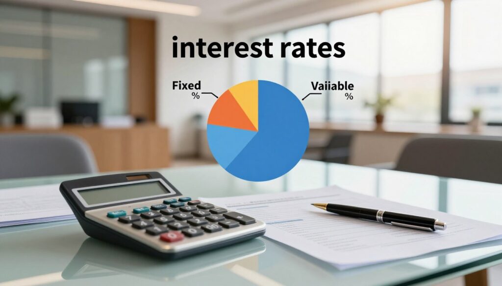 A visually engaging composition illustrating the concept of "interest rates" in the context of mortgage lending. In the foreground, a modern calculator sits on a sleek glass table, surrounded by financial documents and a pen, symbolizing decision-making in finance. In the middle ground, a pie chart depicting fixed and variable interest percentages is illustrated, with clear, contrasting colors for easy differentiation. The background shows a soft-focus image of a stylish office space, complete with a large window allowing natural light to filter in, casting a warm ambiance. The atmosphere should evoke professionalism and clarity, ideal for a financial discussion. Use a wide-angle lens perspective to capture the entirety of the scene, highlighting the intricacies of financial strategy. A visually engaging composition illustrating the concept of "interest rates" in the context of mortgage lending. In the foreground, a modern calculator sits on a sleek glass table, surrounded by financial documents and a pen, symbolizing decision-making in finance. In the middle ground, a pie chart depicting fixed and variable interest percentages is illustrated, with clear, contrasting colors for easy differentiation. The background shows a soft-focus image of a stylish office space, complete with a large window allowing natural light to filter in, casting a warm ambiance. The atmosphere should evoke professionalism and clarity, ideal for a financial discussion. Use a wide-angle lens perspective to capture the entirety of the scene, highlighting the intricacies of financial strategy.