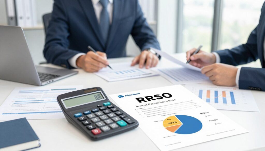 A visually engaging illustration depicting the concept of "RRSO" (Annual Percentage Rate) in the context of a mortgage from Alior Bank. In the foreground, include a calculator surrounded by various financial documents and charts showcasing RRSO examples with clear percentages. The middle ground should feature an elegant table with a professional-looking individual in business attire analyzing these documents, demonstrating a sense of focus and expertise. The background should be a modern office setting with large windows allowing soft, natural light to filter in, creating a serene and productive atmosphere. Emphasize a clean and informative layout, avoiding any clutter. The overall mood should convey professionalism, clarity, and trust in financial decision-making.