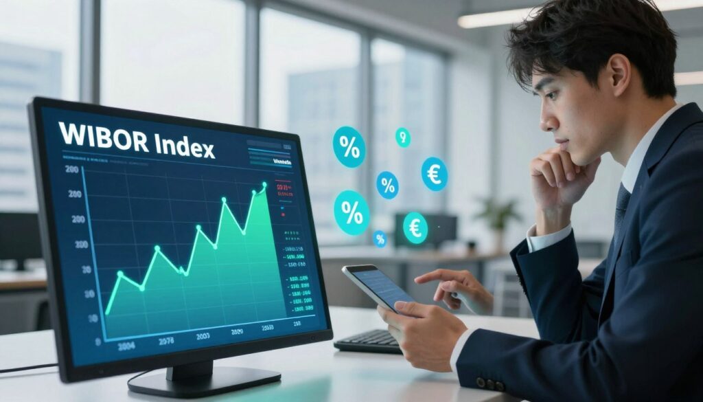 A visually striking representation of variable interest rates in the context of the WIBOR index, designed for a financial article. In the foreground, a sleek digital display shows fluctuating graphs and numbers, symbolizing the changing rates, illuminated with a blue-green gradient lighting. In the middle ground, a professional person in business attire is analyzing the data on a tablet, showcasing a contemplative expression, surrounded by floating financial icons like percentages and currency symbols. The background features a modern office setting with large windows revealing a city skyline, reflecting a bright, optimistic atmosphere. Soft, diffuse lighting enhances the professional ambiance, while the focus on the person and screen drives attention to the subject of variable interest rates.