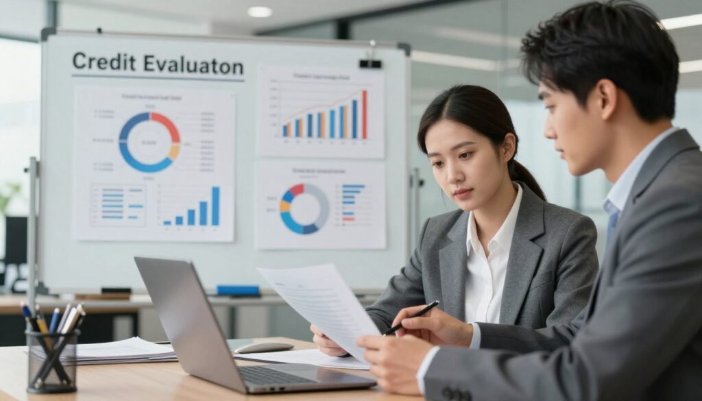 A well-designed office environment focusing on credit evaluation processes. In the foreground, a professional financial advisor is analyzing documents and graphs on a laptop, dressed in business attire. In the middle ground, a large whiteboard with complex charts and formulas illustrating credit scoring metrics is visible. The background features a modern office interior with soft natural light filtering through windows, creating a calm atmosphere. The scene captures an air of diligence and professionalism, emphasizing the meticulous nature of assessing creditworthiness. The perspective is slightly angled to highlight both the advisor's focused expression and the analytical tools that surround them, enhancing the sense of a practical workspace dedicated to understanding credit capacity.