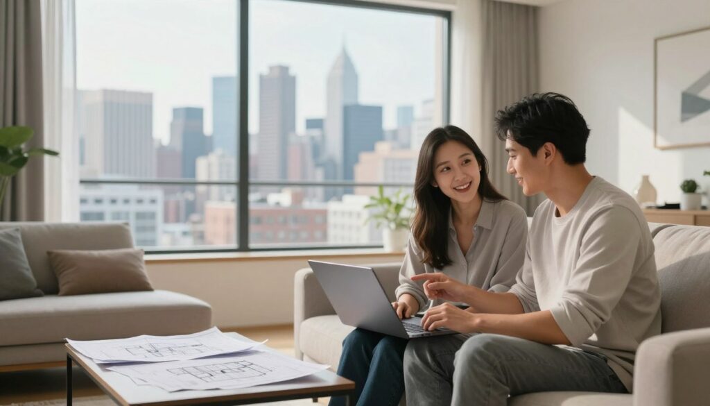 A well-lit, modern living room showcasing the concepts of homeownership and financial aspirations. In the foreground, a cozy seating area features a couple discussing plans over a laptop, both dressed in smart casual attire. The middle ground prominently displays a large window revealing a beautiful urban skyline, symbolizing the opportunity of purchasing an apartment or building a home. Against the backdrop, architectural blueprints and financial documents are subtly arranged on a coffee table. The atmosphere is warm and inviting, with soft natural light filtering through the window, creating a hopeful and aspirational mood. The image is framed with a soft focus lens effect, highlighting the couple while keeping the details of the skyline and documents clear but slightly blurred.