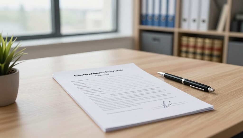 A well-organized office desk with a formal protocol document titled "Protokół zdawczo-odbiorczy lokalu" prominently displayed. The document is partially filled out, showing sections for property details and signatures, alongside a pen and a small potted plant. In the background, a modern office space with large windows letting in soft natural light that creates a calm and professional atmosphere. A bookshelf filled with neatly arranged binders and legal documents adds depth. The setting is devoid of clutter, promoting a sense of order and professionalism. The camera angle is slightly overhead, capturing the essence of a meticulous workspace. The overall mood is serious yet inviting, perfect for illustrating important documentation processes.