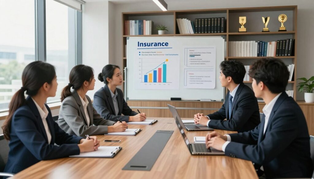 A well-organized office setting featuring a modern conference room, with a large wooden table at the center. In the foreground, a diverse group of four professionals dressed in smart business attire, engaged in a discussion about insurance options related to mortgage conditions. The middle ground showcases a large whiteboard displaying charts and key insurance terms, illuminated by soft, natural lighting coming through large windows. In the background, sleek bookshelves filled with financial literature and awards create a professional atmosphere. The overall mood is collaborative and focused, symbolizing the importance of understanding insurance in the context of mortgage agreements. Capture this scene from a slightly elevated angle to encompass the entirety of the room.