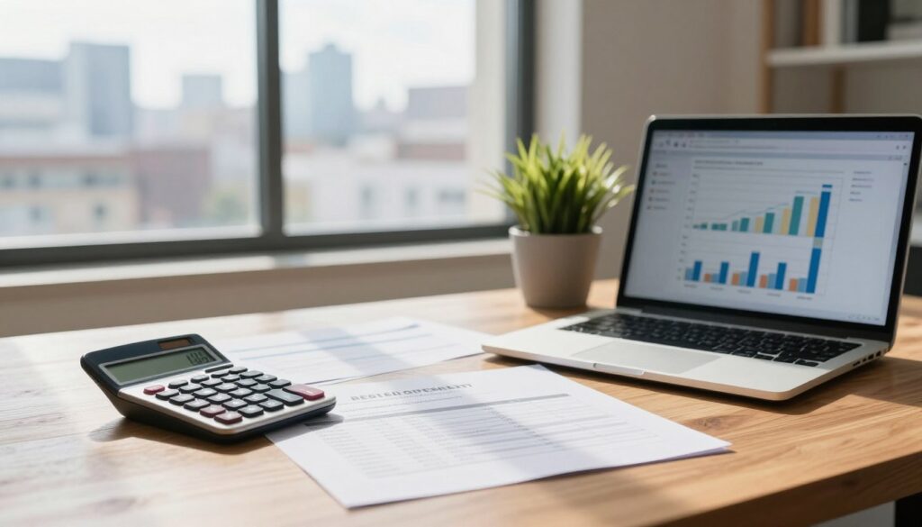 A well-organized workspace featuring a wooden desk with financial documents spread out, including rental agreements and spreadsheets detailing income from rentals. In the foreground, a calculator rests beside a laptop displaying graphs related to rental income. To the side, a stylish potted plant adds a touch of greenery. In the middle background, a large window allows natural light to flood the room, illuminating the scene with a warm glow. Outside the window, a city skyline is visible, suggesting an urban rental market. The atmosphere should be professional and focused, reflecting the seriousness of calculating rental income. Use a shallow depth of field to emphasize the desk items, while the cityscape is slightly blurred, creating a contrast between the workspace and the outside world. A well-organized workspace featuring a wooden desk with financial documents spread out, including rental agreements and spreadsheets detailing income from rentals. In the foreground, a calculator rests beside a laptop displaying graphs related to rental income. To the side, a stylish potted plant adds a touch of greenery. In the middle background, a large window allows natural light to flood the room, illuminating the scene with a warm glow. Outside the window, a city skyline is visible, suggesting an urban rental market. The atmosphere should be professional and focused, reflecting the seriousness of calculating rental income. Use a shallow depth of field to emphasize the desk items, while the cityscape is slightly blurred, creating a contrast between the workspace and the outside world.