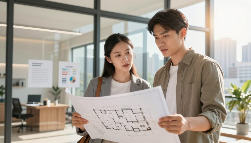 A young couple stands in the foreground, engaged in a serious discussion while examining an architectural blueprint for their new apartment. They are dressed in business casual attire, conveying professionalism and determination. In the middle ground, a large window reveals a well-lit, modern real estate office, showcasing properties and charts reflecting mortgage rates. The background captures a vibrant city skyline that signifies potential and opportunities in home buying. The lighting is warm and inviting, with sun rays streaming through the window, creating a hopeful atmosphere. The camera angle is slightly tilted upward, giving a sense of aspiration and ambition while focusing on the couple's expressions of excitement and contemplation about their future home.