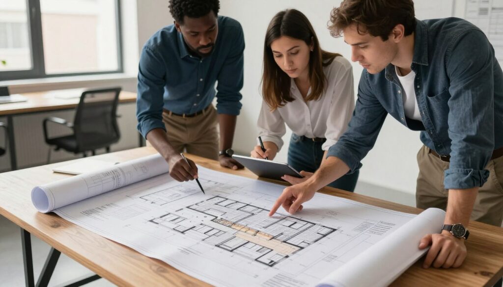 An architectural project plan for a residential building, displayed prominently in the foreground, featuring detailed blueprints spread out on a wooden table. In the middle ground, a diverse group of three professionals—two men and one woman—dressed in smart casual attire, are discussing the plans with engaged expressions. One is pointing at the blueprints, while another is jotting down notes on a tablet. The background includes a modern office space with large windows allowing natural light to filter in, illuminating the scene. The atmosphere is collaborative and focused, emphasizing preparation and planning. The lighting is bright and warm, enhancing the sense of productivity and creativity in the air. The camera angle is slightly above eye level, capturing both the table and the people involved in the discussion, while keeping the focus on the project plans. An architectural project plan for a residential building, displayed prominently in the foreground, featuring detailed blueprints spread out on a wooden table. In the middle ground, a diverse group of three professionals—two men and one woman—dressed in smart casual attire, are discussing the plans with engaged expressions. One is pointing at the blueprints, while another is jotting down notes on a tablet. The background includes a modern office space with large windows allowing natural light to filter in, illuminating the scene. The atmosphere is collaborative and focused, emphasizing preparation and planning. The lighting is bright and warm, enhancing the sense of productivity and creativity in the air. The camera angle is slightly above eye level, capturing both the table and the people involved in the discussion, while keeping the focus on the project plans.