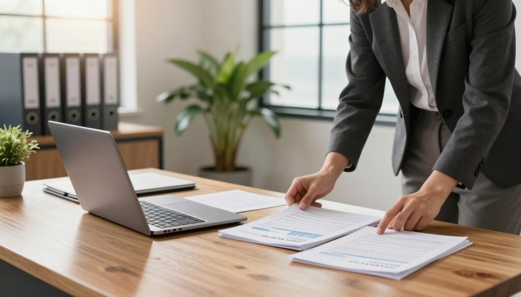 An elegant office space with a large wooden desk at the forefront, featuring a laptop and some neatly arranged financial documents about rental income. In the middle ground, a potted plant adds a touch of greenery, while a well-organized filing cabinet hints at a tax preparation process. The background shows a large window with soft sunlight filtering through, casting a warm glow across the room. The atmosphere feels professional and inviting, symbolizing meticulous attention to detail in financial matters. A businessperson in smart casual attire stands beside the desk, reviewing the documents thoughtfully. The composition is balanced, with a focus on clarity and professionalism, captured with a slight wide-angle lens to emphasize the workspace. An elegant office space with a large wooden desk at the forefront, featuring a laptop and some neatly arranged financial documents about rental income. In the middle ground, a potted plant adds a touch of greenery, while a well-organized filing cabinet hints at a tax preparation process. The background shows a large window with soft sunlight filtering through, casting a warm glow across the room. The atmosphere feels professional and inviting, symbolizing meticulous attention to detail in financial matters. A businessperson in smart casual attire stands beside the desk, reviewing the documents thoughtfully. The composition is balanced, with a focus on clarity and professionalism, captured with a slight wide-angle lens to emphasize the workspace.